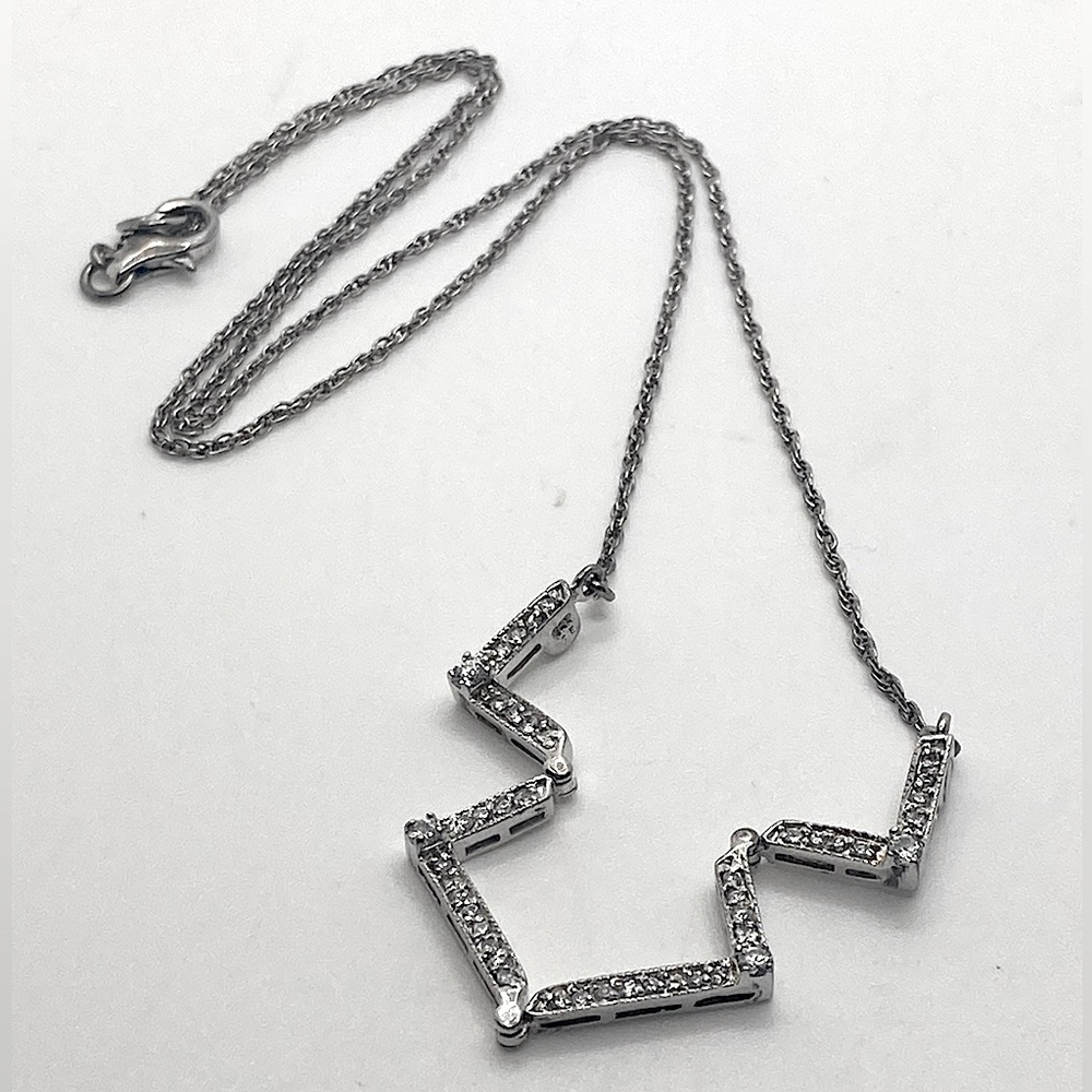 Vtg Sterling Silver Art Deco Style Articulated Cz Bar Pendant Necklace / 21”